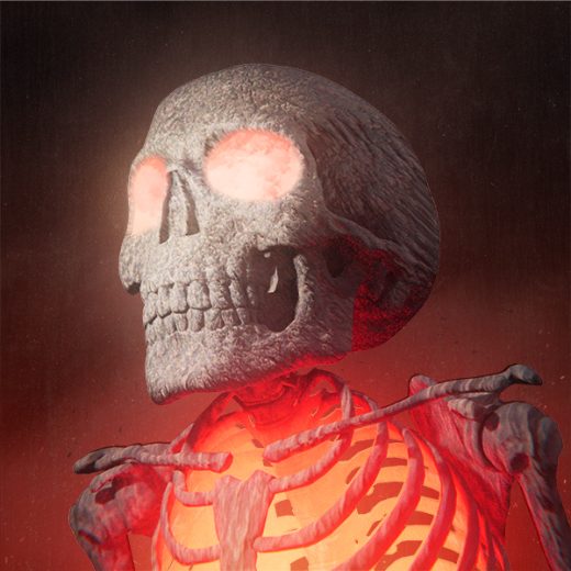 A fantasy artwork with a red glowing skeleton