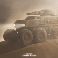 An artwork with a heavy duty combat vehicle in a desert