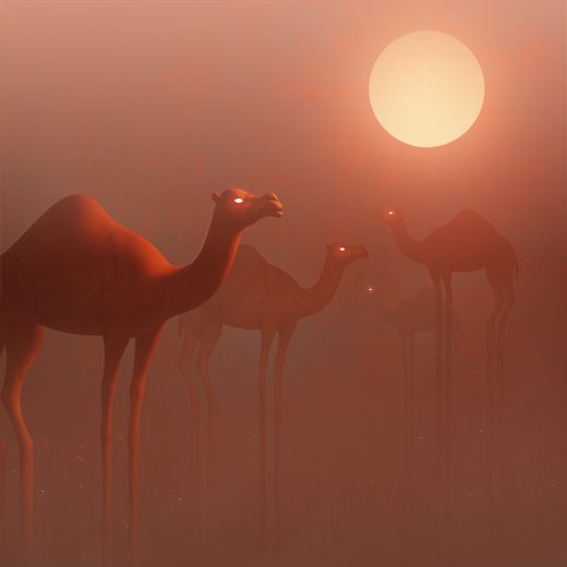 A desert themed artwork with a atmospheric misty environment
