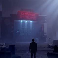 A dreamy dark environment with a store with neon light