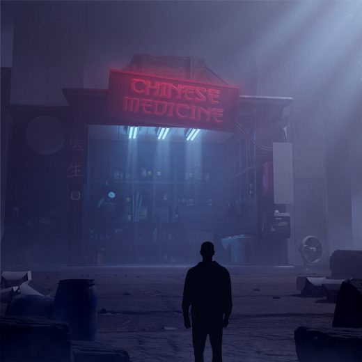 A dreamy dark environment with a store with neon light
