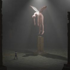 A fantasy artwork with an ancient cavern and a surreal angel