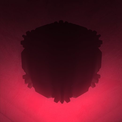 A surreal artwork with an abstract cube silhouette against a red glow