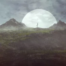 A surreal fantasy environment with mountains, moon and two lovers