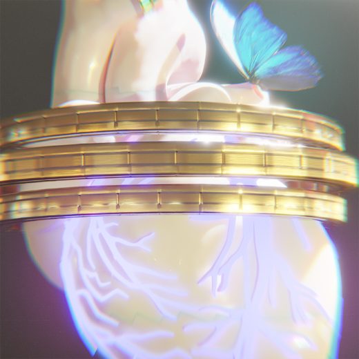 A surreal fantasy artwork with heart, a blue butterfly and golden rings.