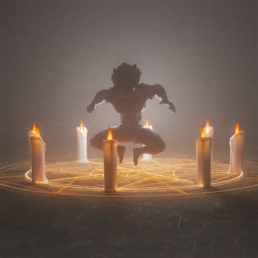 A concept art showing a powerful figure practicing some ancient prohibited ceremony with candles and glowing rings