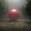 A surreal dreamy artwork with a giant red ball inside a misty forest