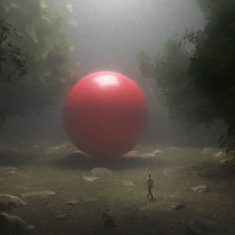 A surreal dreamy artwork with a giant red ball inside a misty forest