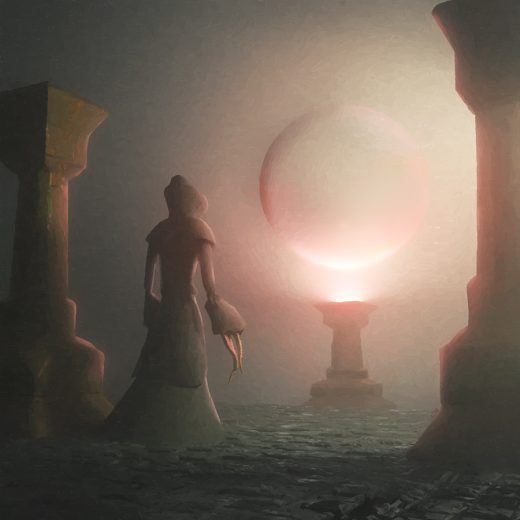 A surreal fantasy concept art with a dark hooded being standing in front of a glowing floating magical sphere