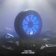 A surreal misty environment concept art with a car wheel and car fixing tools