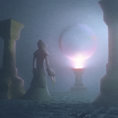 A surreal fantasy concept art with a dark hooded being standing in front of a glowing floating magical sphere