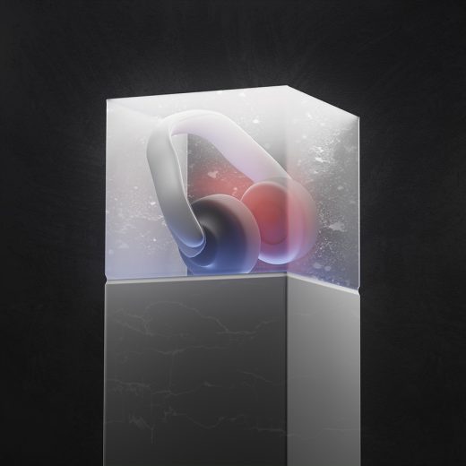 An aesthetic art with a hitech headphone inside a glass showcase box