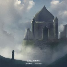 An artwork with a castle and a fantasy cloudy environment