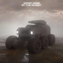 A surreal environment art, with a huge off-road vehicle in the field, by the sunset