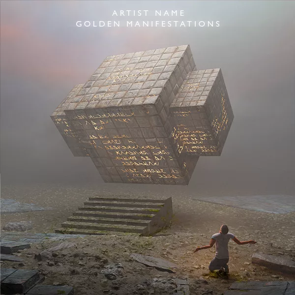An environment concept art with a cube with golden inscriptions