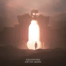 A surreal concept art with a glowing gate and a person about to walk into through the gate