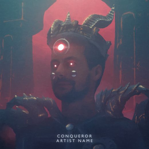 A character artwork of a conqueror with horns protruding out of his crown and throne