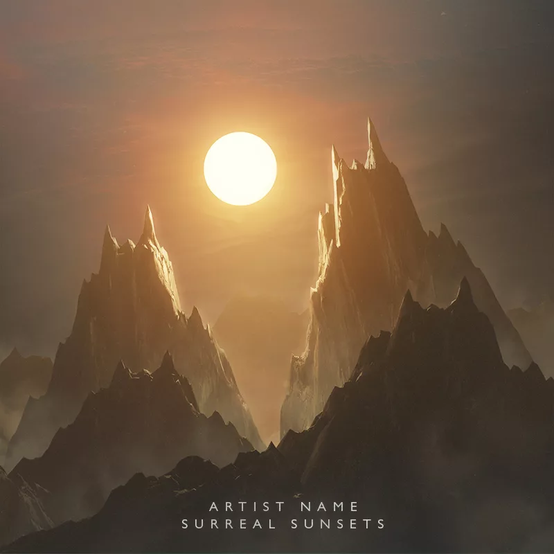 A surreal sunset artwork with mountains and a foggy atmosphere