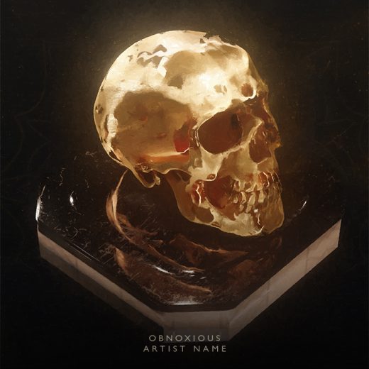 A dark art featuring a golden skull