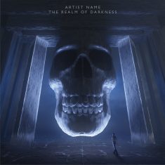 A dark artwork with a huge skull