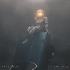 An artwork with an astronaut sitting on a tilted car and chilling