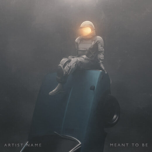 An artwork with an astronaut sitting on a tilted car and chilling