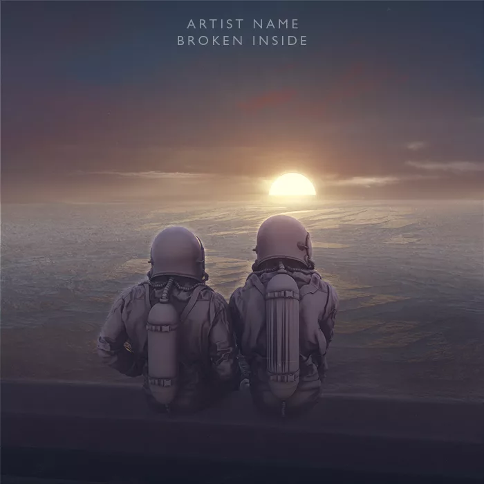A surreal sunset with 2 astronauts sitting by the ocean