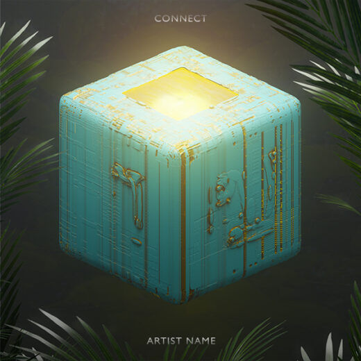An abstract artwork with a detailed sci-fi box with cyan and gold colours