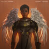 A female astronaut in an advanced sci-fi suit and having mystical fantasy wings