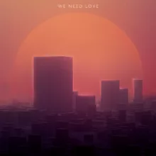 A calm artwork with the sun setting beyond the city horizone