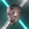 A skull artwork with neon lights in the background
