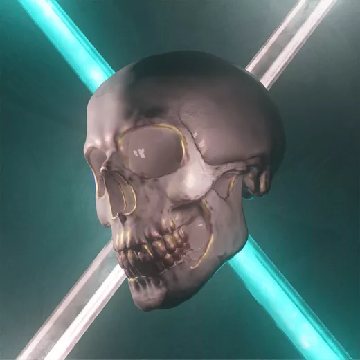 A skull artwork with neon lights in the background