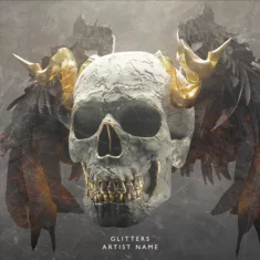 An artwork with a skull with golden horns and feathery wings