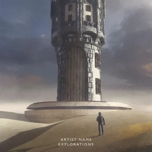 An artwork where a astronaut is walking in a desert and a huge castle structure is in front of him