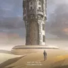 An artwork where a astronaut is walking in a desert and a huge castle structure is in front of him