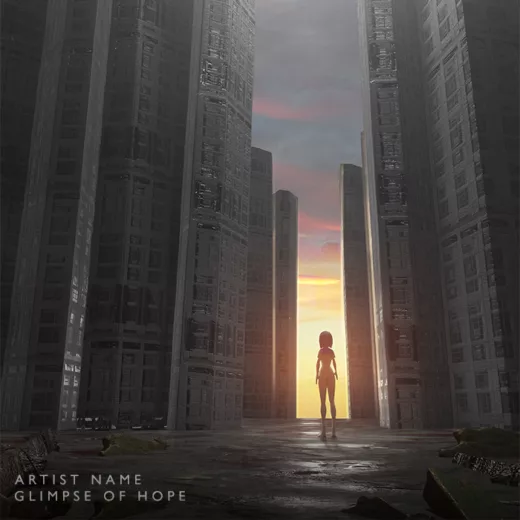 An euphoric artwork with a girl standing in a cityscape looking at the surreal sunset