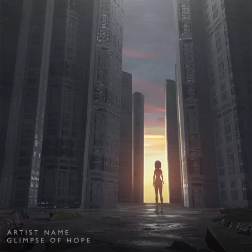 An euphoric artwork with a girl standing in a cityscape looking at the surreal sunset