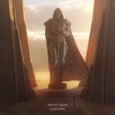 A concept art where a huge stone idol standing in a huge architecture