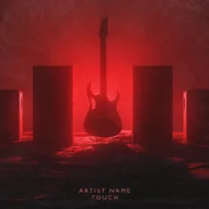An artwork with a guitar and speakers in a dark environment with strong red backlight
