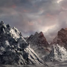 A surreal environment with snow mountains and dramatic clouds