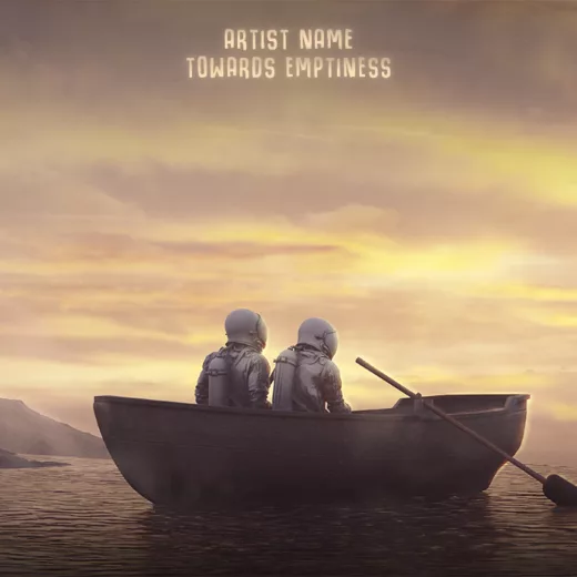 A surreal sunset artwork with two lover astronauts sitting on a boat