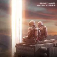 An artwork with 2 astronauts are and a light beam coming from the skies