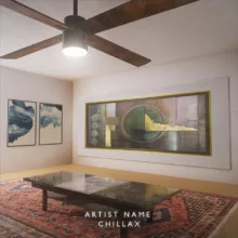 A room interior artwork with a coffee table, painting and a fan with light