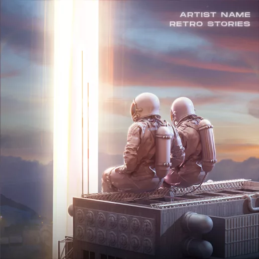 An artwork with 2 astronauts are and a light beam coming from the skies