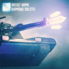An artwork with a tank shooting glowing purple diamonds