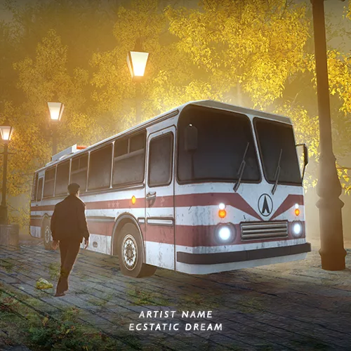 A nostalgic artwork showing a swampy abandoned bus stop