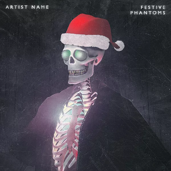 A fantasy artwork with a skeleton wearing a christmas hat