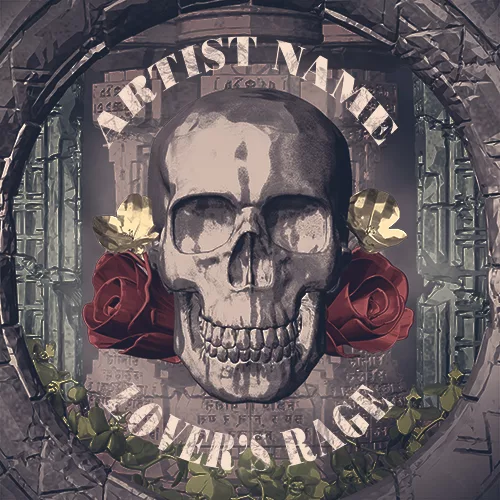 A fantasy artwork with a skull and flowers around him, specifically roses