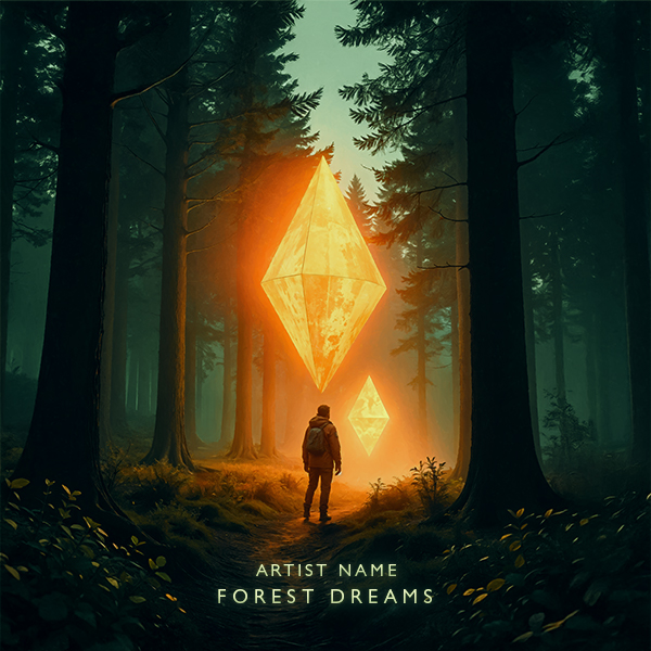 Forest Dreams Cover Art An Artwork Of A Traveler And Glowing Solid Geometric Shapes In A Misty Forest