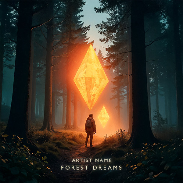 Forest Dreams Cover Art An Artwork Of A Traveler And Glowing Solid Geometric Shapes In A Misty Forest